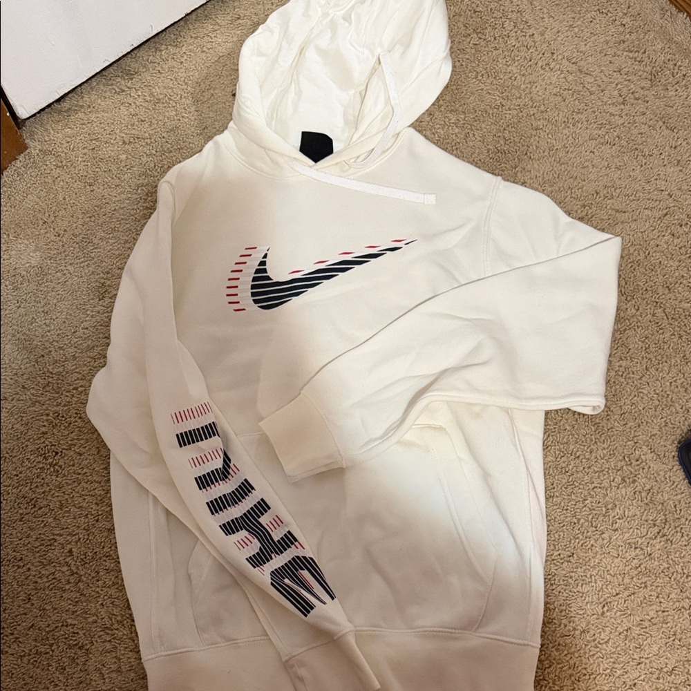 Nike Men's Cream Hoodie with Black and Red Accents